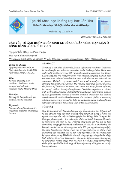 Các yếu tố ảnh hưởng đến sinh kế của cư dân vùng hạn mặn ở đồng bằng sông Cửu Long