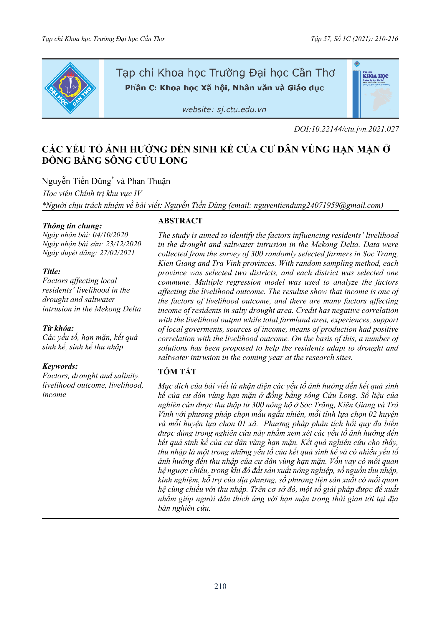 Các yếu tố ảnh hưởng đến sinh kế của cư dân vùng hạn mặn ở đồng bằng sông Cửu Long