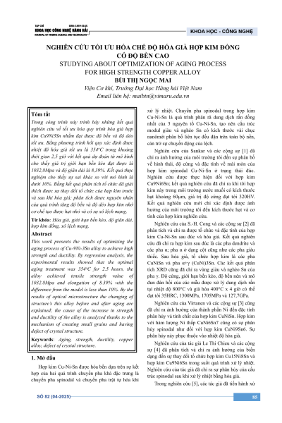 Nghiên cứu tối ưu hóa chế độ hóa già hợp kim đồng có độ bền cao