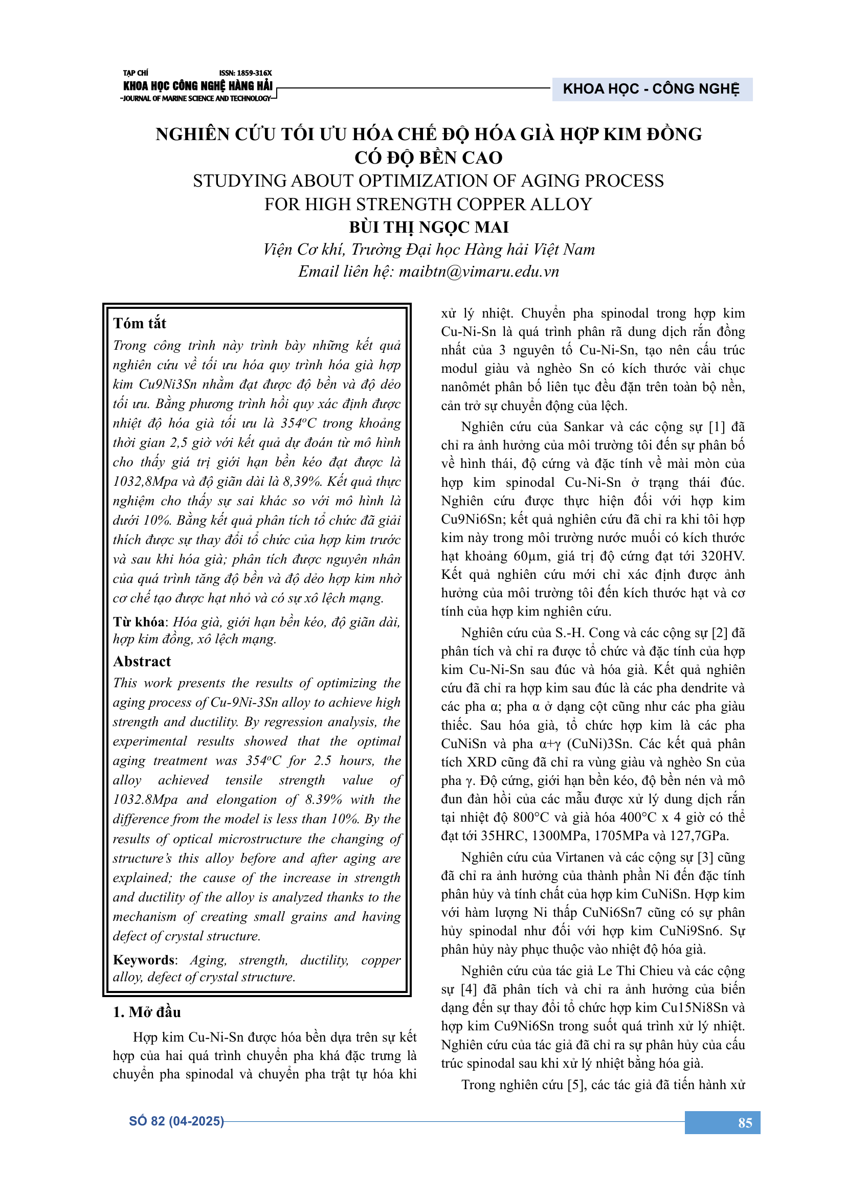Nghiên cứu tối ưu hóa chế độ hóa già hợp kim đồng có độ bền cao