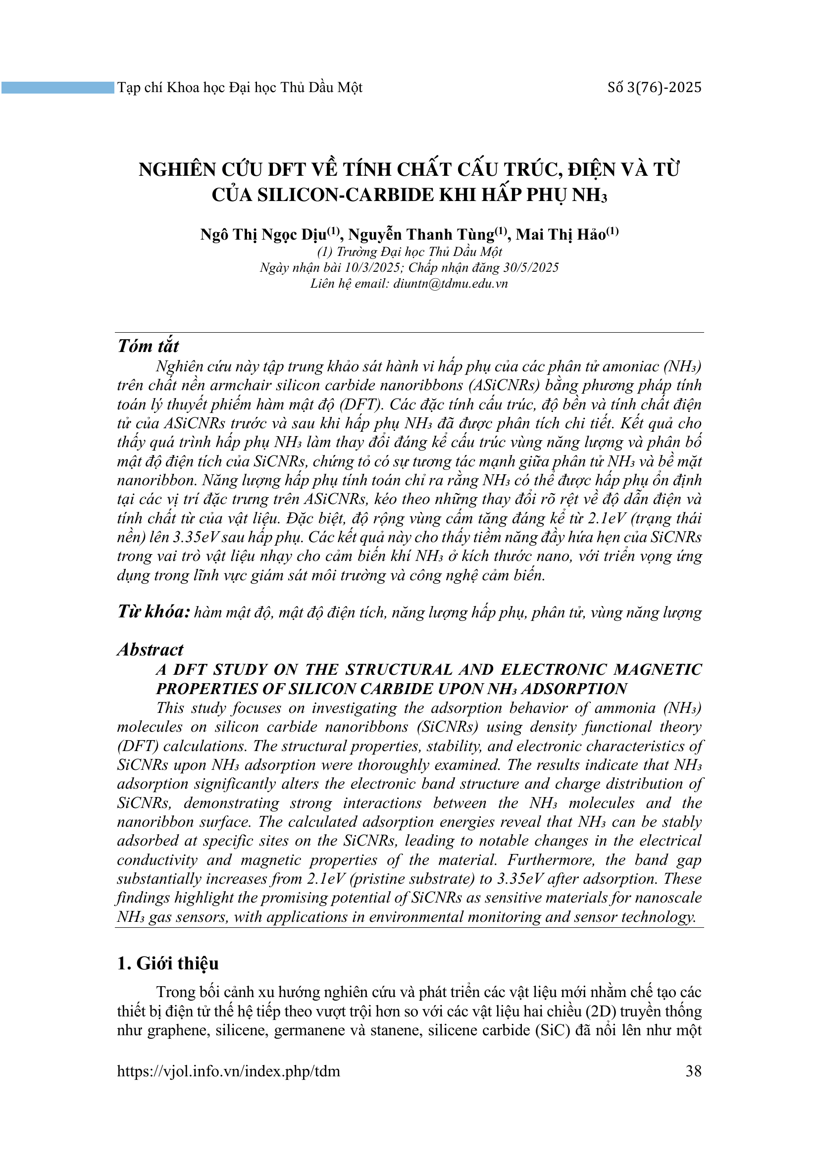 Nghiên cứu DFT về tính chất cấu trúc, điện và từ của silicon-carbide khi hấp phụ NH₃