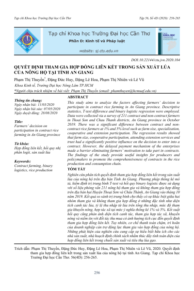 Quyết định tham gia hợp đồng liên kết trong sản xuất lúa của nông hộ tại tỉnh An Giang