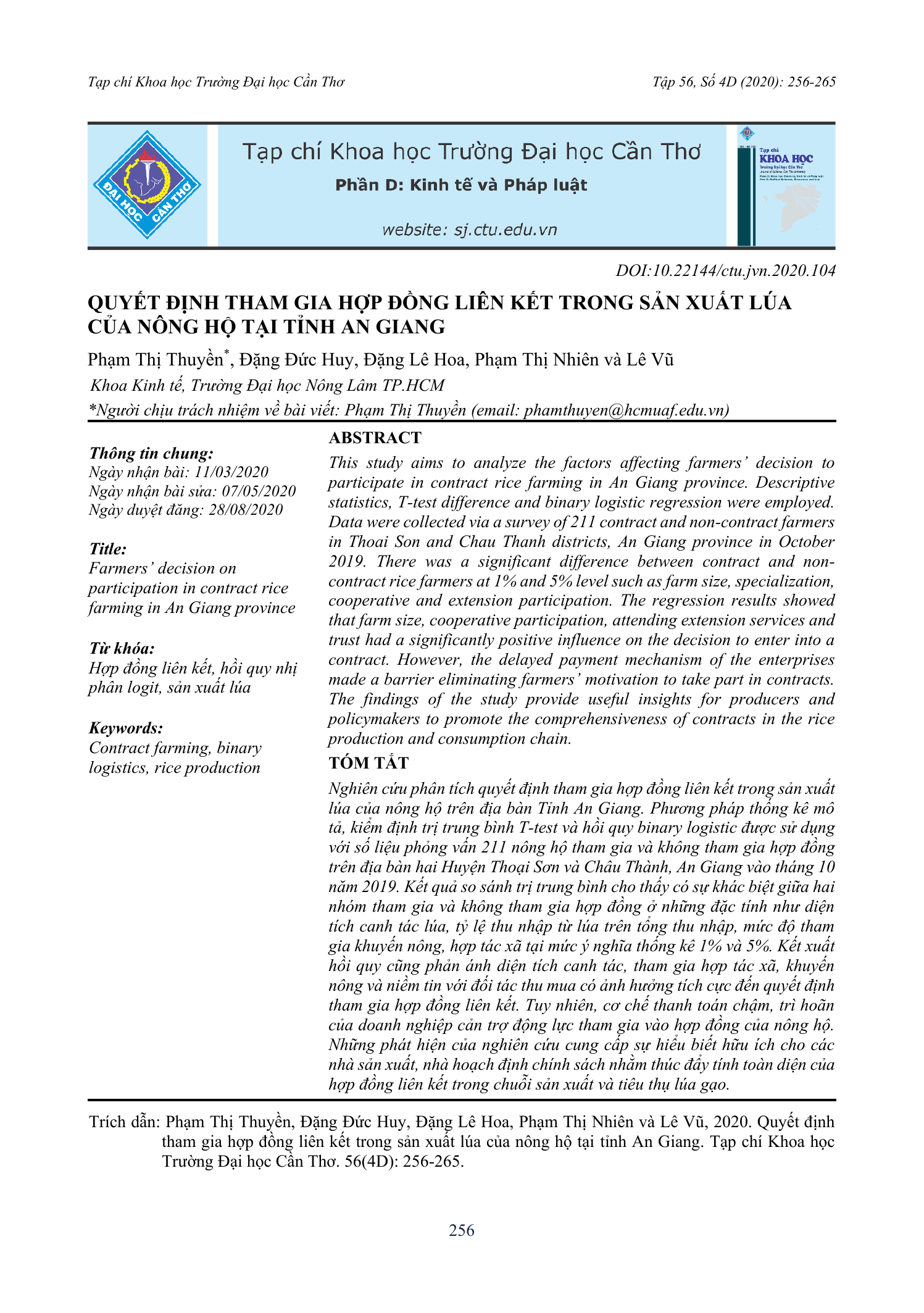 Quyết định tham gia hợp đồng liên kết trong sản xuất lúa của nông hộ tại tỉnh An Giang