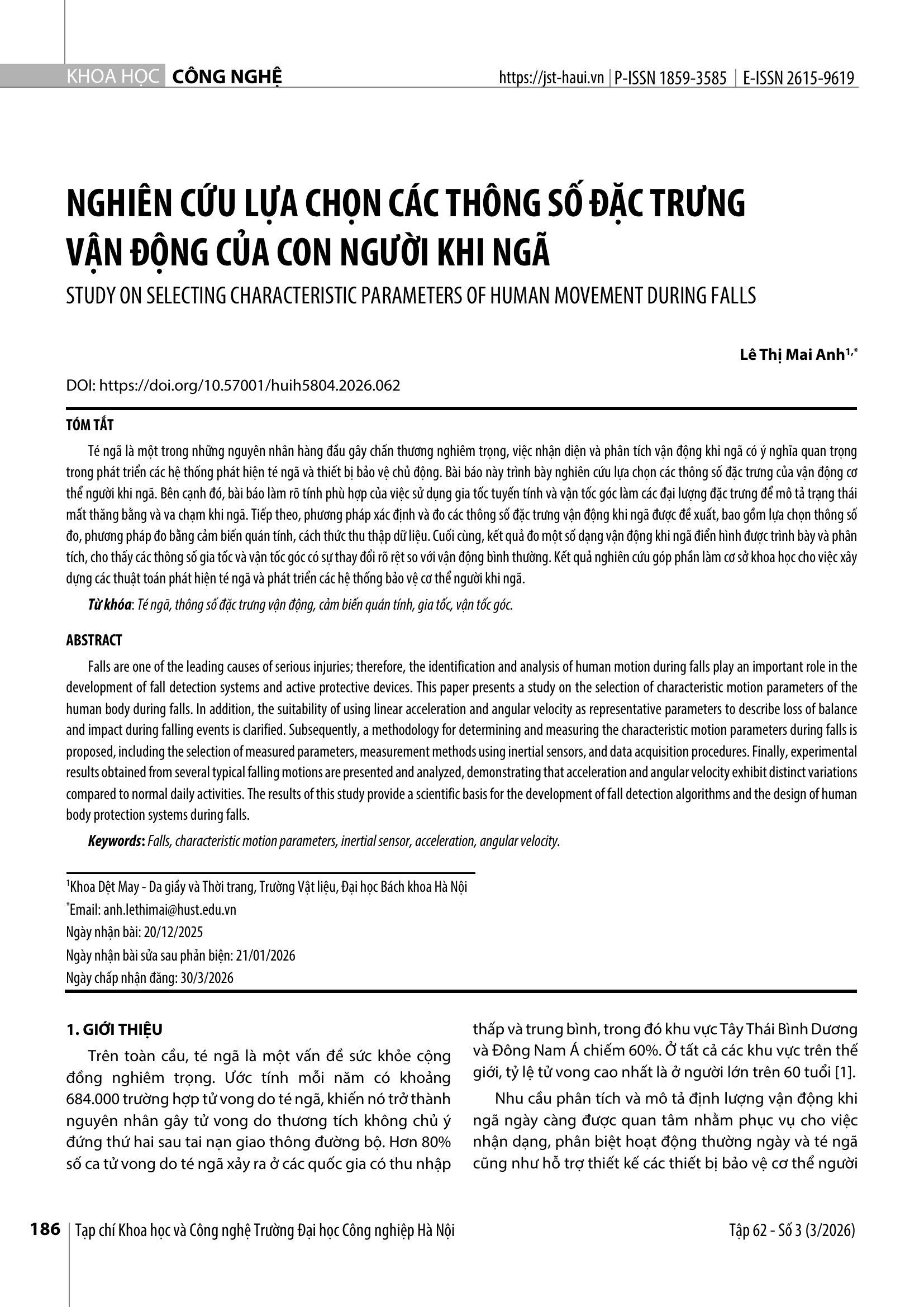 Nghiên cứu lựa chọn các thông số đặc trưng vận động của con người khi ngã