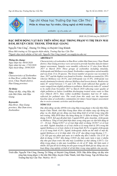 Đặc điểm động vật đáy trên sông Hậu trong phạm vi thị trấn Mái Dầm, huyện Châu Thành, tỉnh Hậu Giang