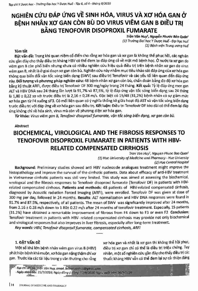 Nghiên cứu đáp ứng về sinh hóa, virus và xơ hóa gan ở bệnh nhân xơ gan còn bù do virus viêm gan B điều trị bằng Tenofovir disoproxil fumarate