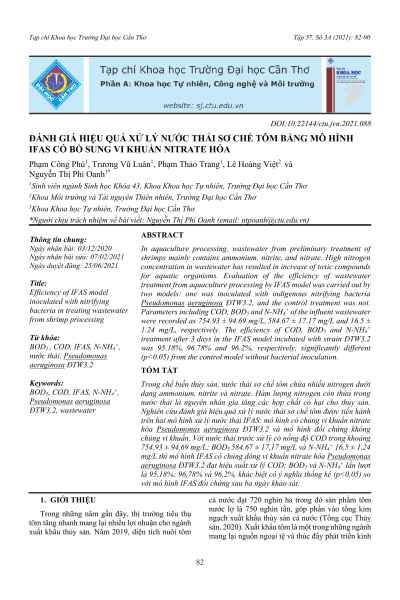 Đánh giá hiệu quả xử lý nước thải sơ chế tôm bằng mô hình IFAS có bổ sung vi khuẩn nitrate hóa