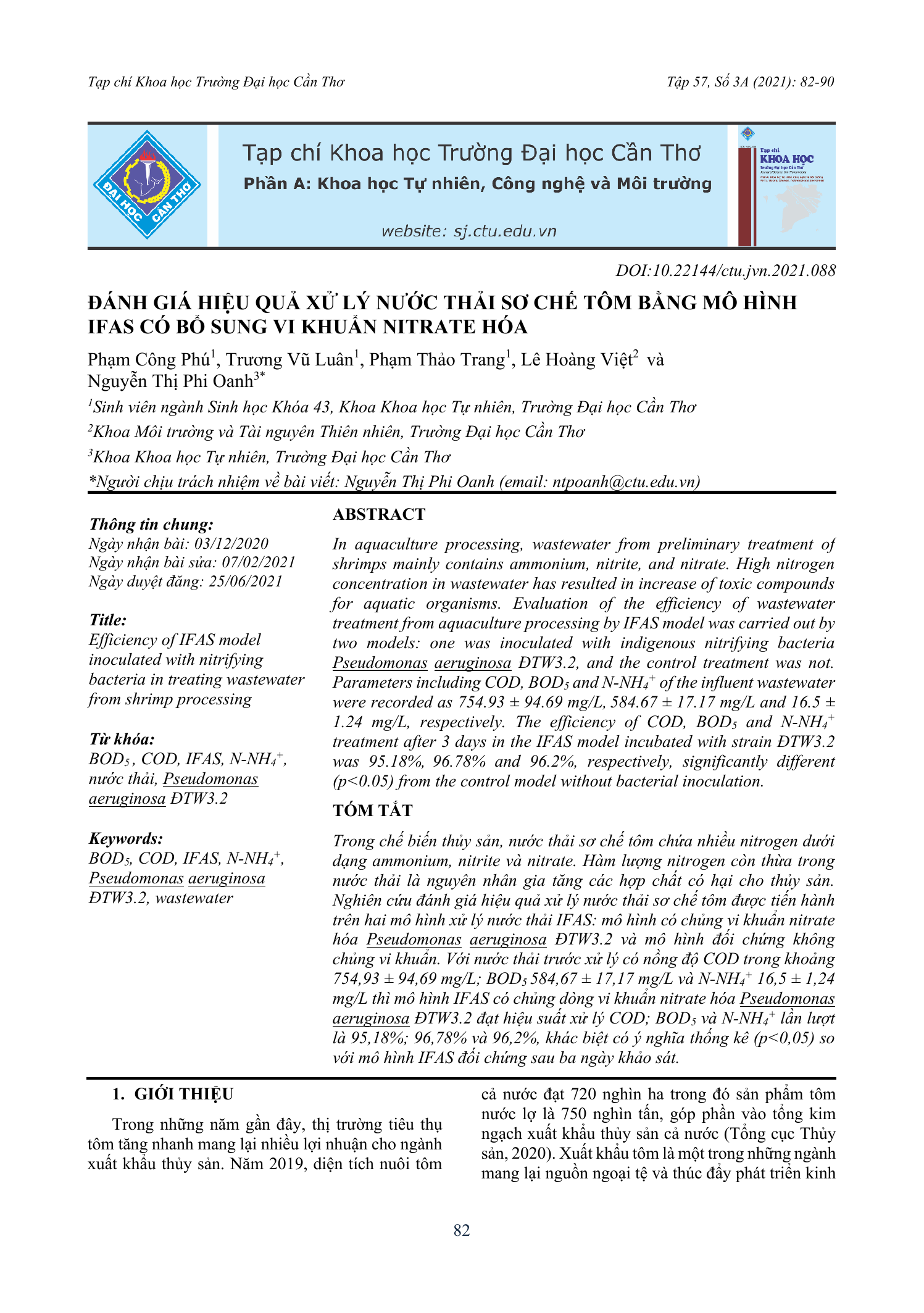 Đánh giá hiệu quả xử lý nước thải sơ chế tôm bằng mô hình IFAS có bổ sung vi khuẩn nitrate hóa