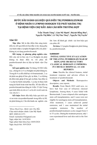 Bước đầu đánh giá hiệu quả điều trị pembrolizumab ở bệnh nhân u lympho Hodgkin tái phát kháng trị tại bệnh viện Chợ Rẫy: Báo cáo bốn trường hợp