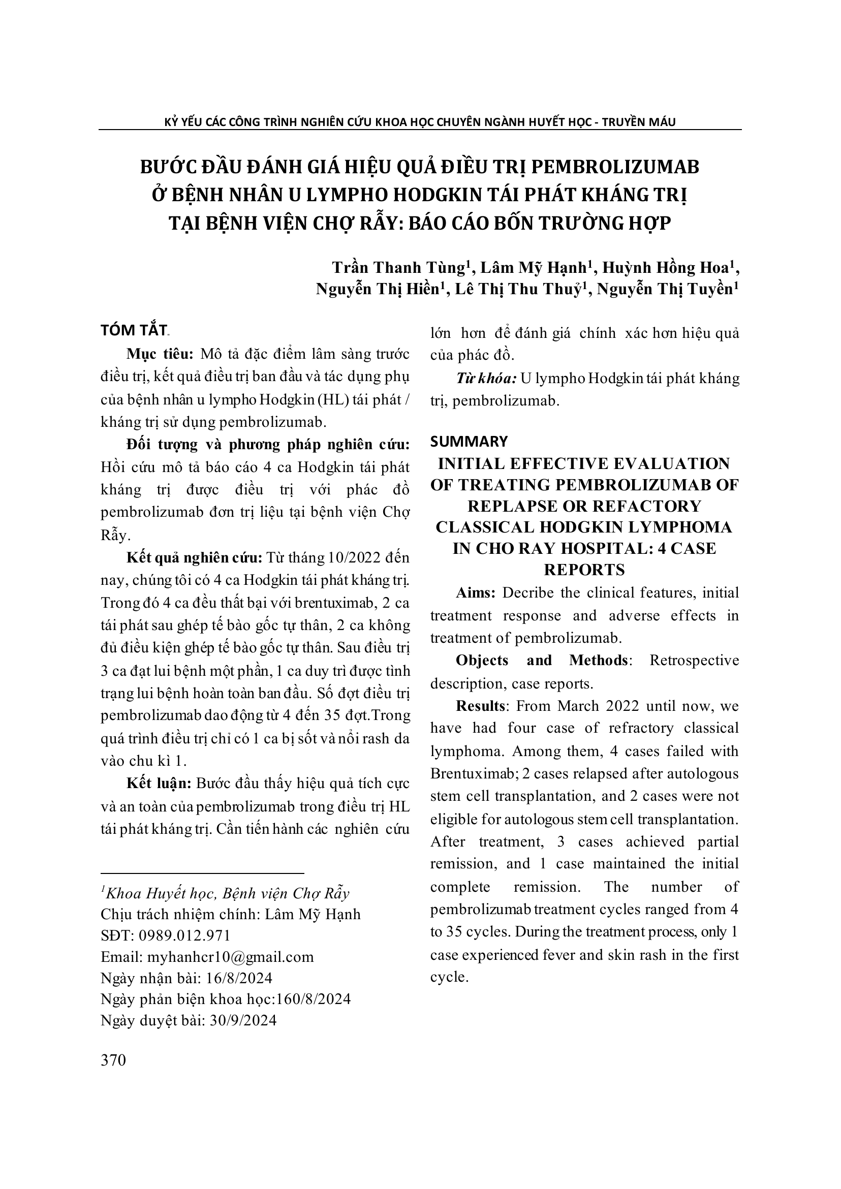 Bước đầu đánh giá hiệu quả điều trị pembrolizumab ở bệnh nhân u lympho Hodgkin tái phát kháng trị tại bệnh viện Chợ Rẫy: Báo cáo bốn trường hợp