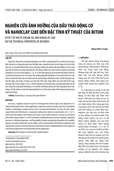 Nghiên cứu ảnh hưởng của dầu thải động cơ và nanoclay I28E đến đặc tính kỹ thuật của bitum