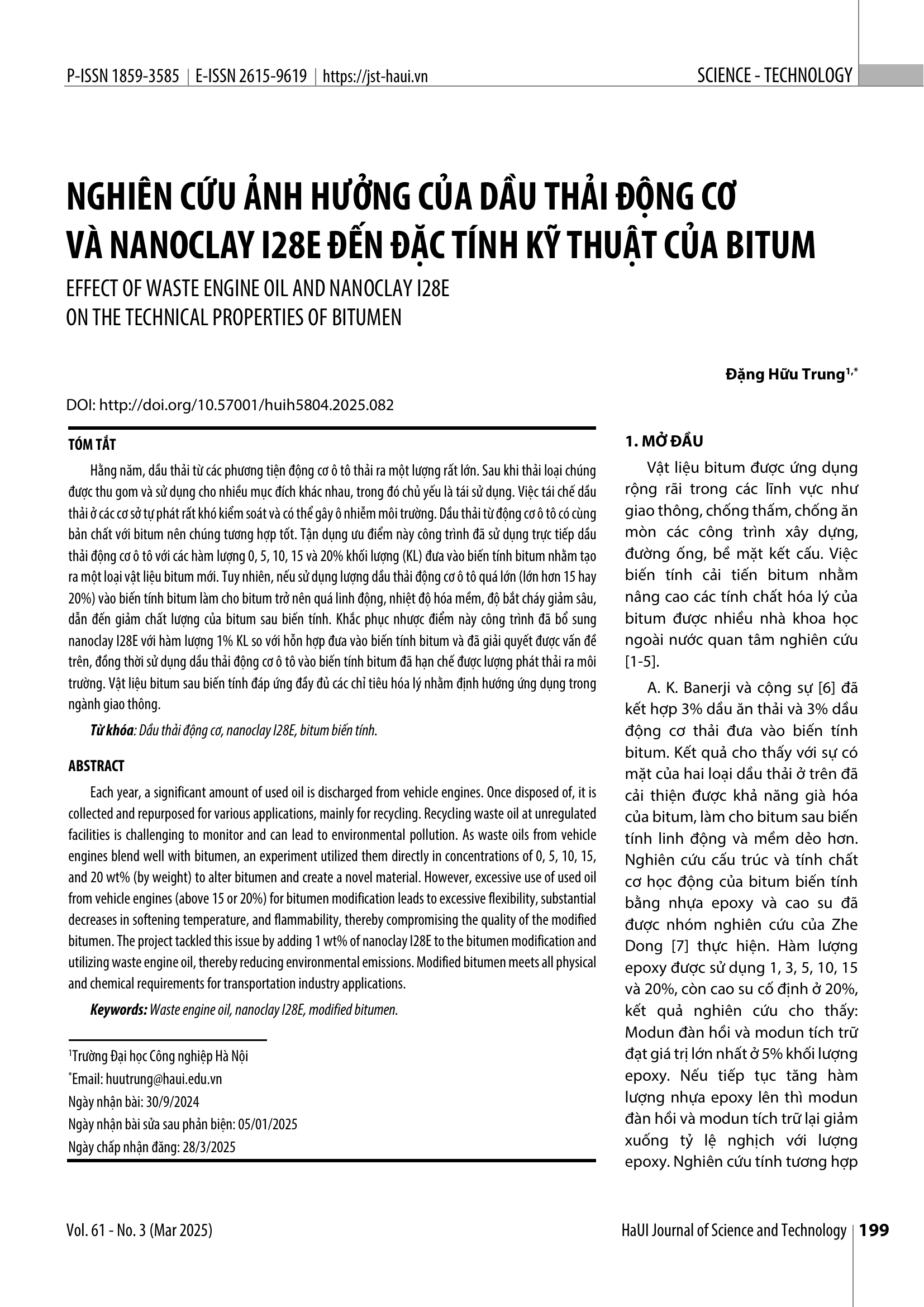 Nghiên cứu ảnh hưởng của dầu thải động cơ và nanoclay I28E đến đặc tính kỹ thuật của bitum