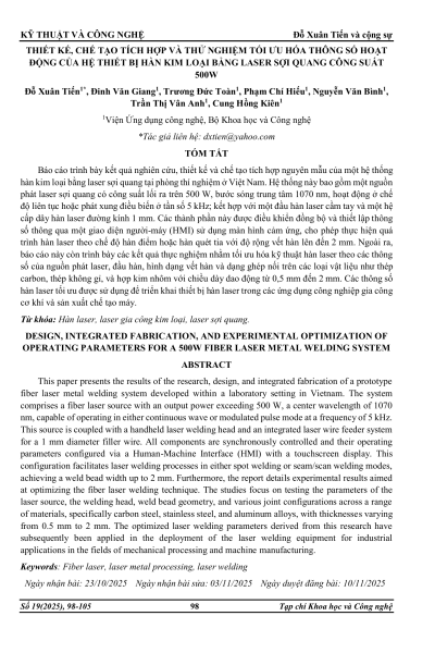 Thiết kế, chế tạo tích hợp và thử nghiệm tối ưu hóa thông số hoạt động của hệ thiết bị hàn kim loại bằng laser sợi quang công suất 500W