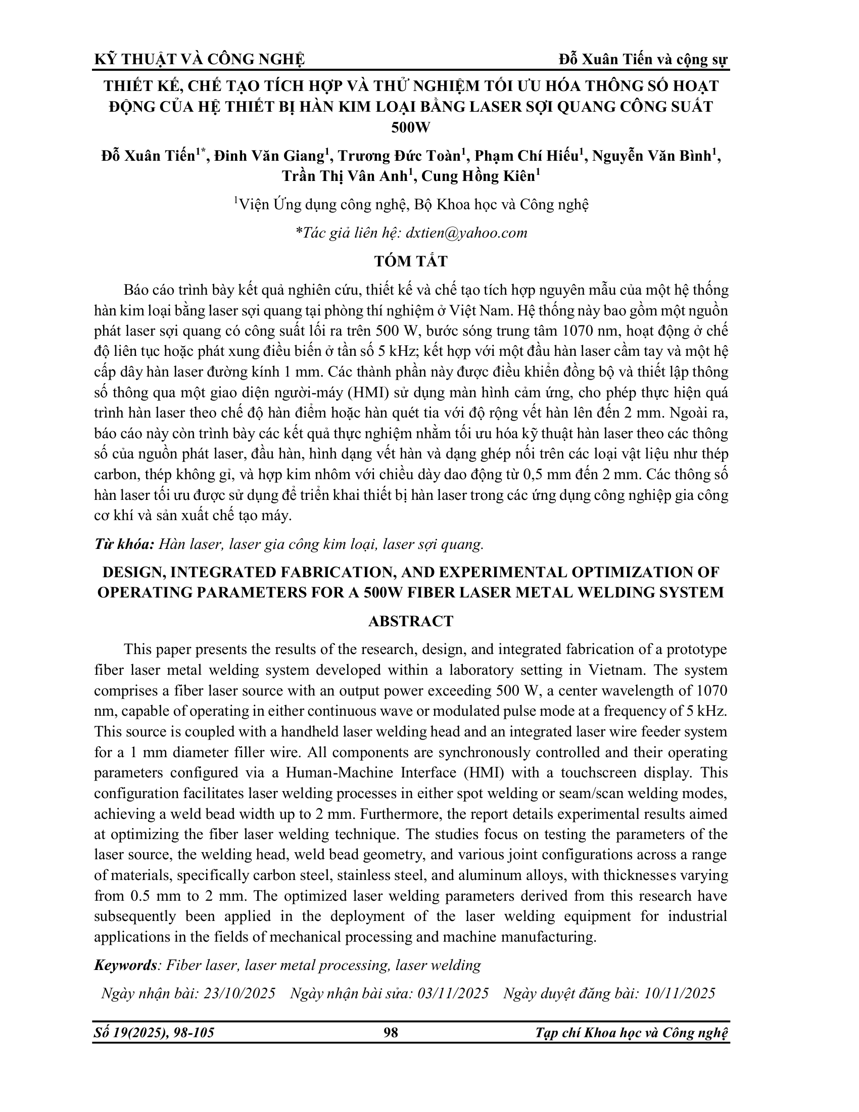 Thiết kế, chế tạo tích hợp và thử nghiệm tối ưu hóa thông số hoạt động của hệ thiết bị hàn kim loại bằng laser sợi quang công suất 500W