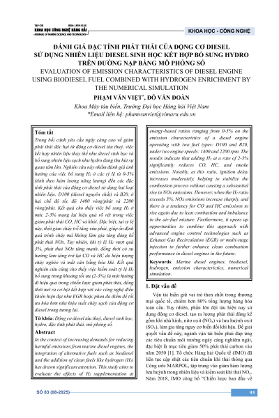 Đánh giá đặc tính phát thải của động cơ diesel sử dụng nhiên liệu diesel sinh học kết hợp bổ sung hydro trên đường nạp bằng mô phỏng số