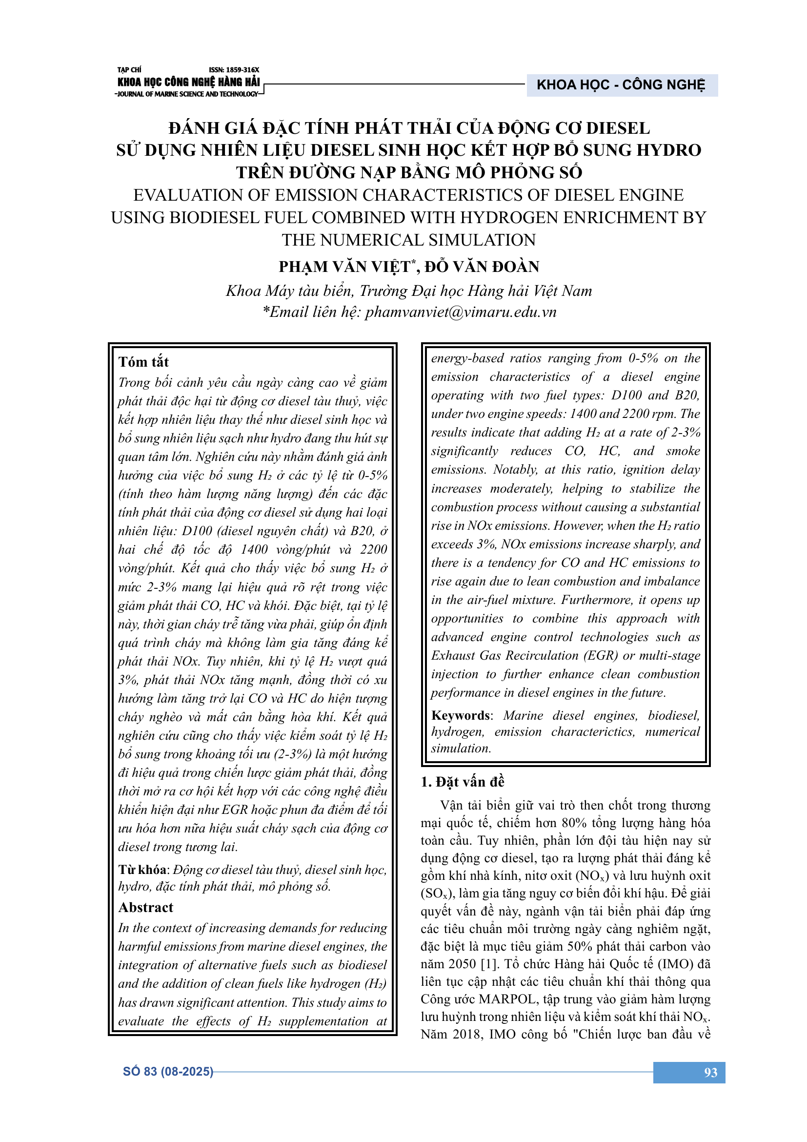 Đánh giá đặc tính phát thải của động cơ diesel sử dụng nhiên liệu diesel sinh học kết hợp bổ sung hydro trên đường nạp bằng mô phỏng số