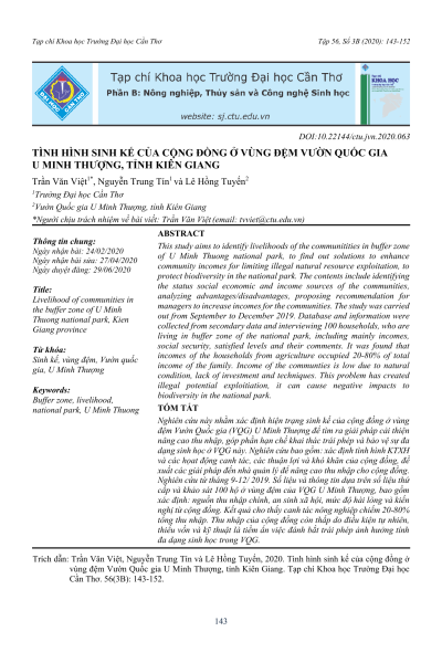 Tình hình sinh kế của cộng đồng ở vùng đệm Vườn Quốc gia U Minh Thượng, tỉnh Kiên Giang
