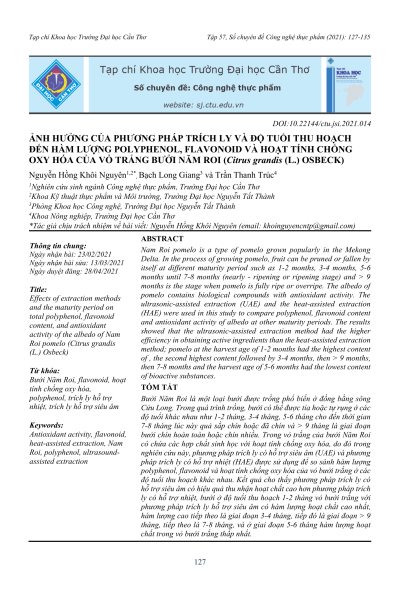 Ảnh hưởng của phương pháp trích ly và độ tuổi thu hoạch đến hàm lượng polyphenol, flavonoid và hoạt tính chống oxy hóa của vỏ trắng bưởi Năm Roi (Citrus grandis (L.) Osbeck)