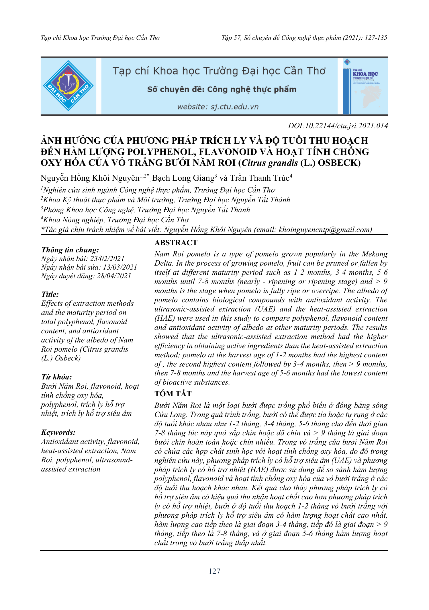 Ảnh hưởng của phương pháp trích ly và độ tuổi thu hoạch đến hàm lượng polyphenol, flavonoid và hoạt tính chống oxy hóa của vỏ trắng bưởi Năm Roi (Citrus grandis (L.) Osbeck)