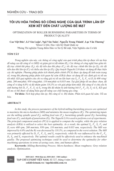 Tối ưu hóa thông số công nghệ của quá trình lăn ép xem xét đến chất lượng bề mặt
