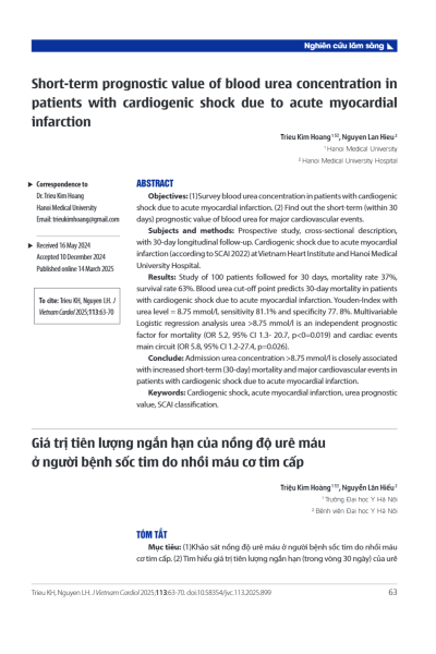 Giá trị tiên lượng ngắn hạn của nồng độ urê máu ở người bệnh sốc tim do nhồi máu cơ tim cấp