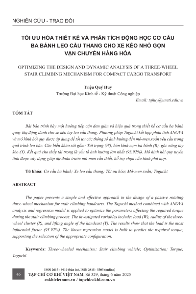 Tối ưu hóa thiết kế và phân tích động học cơ cấu ba bánh leo cầu thang cho xe kéo nhỏ gọn vận chuyển hàng hóa
