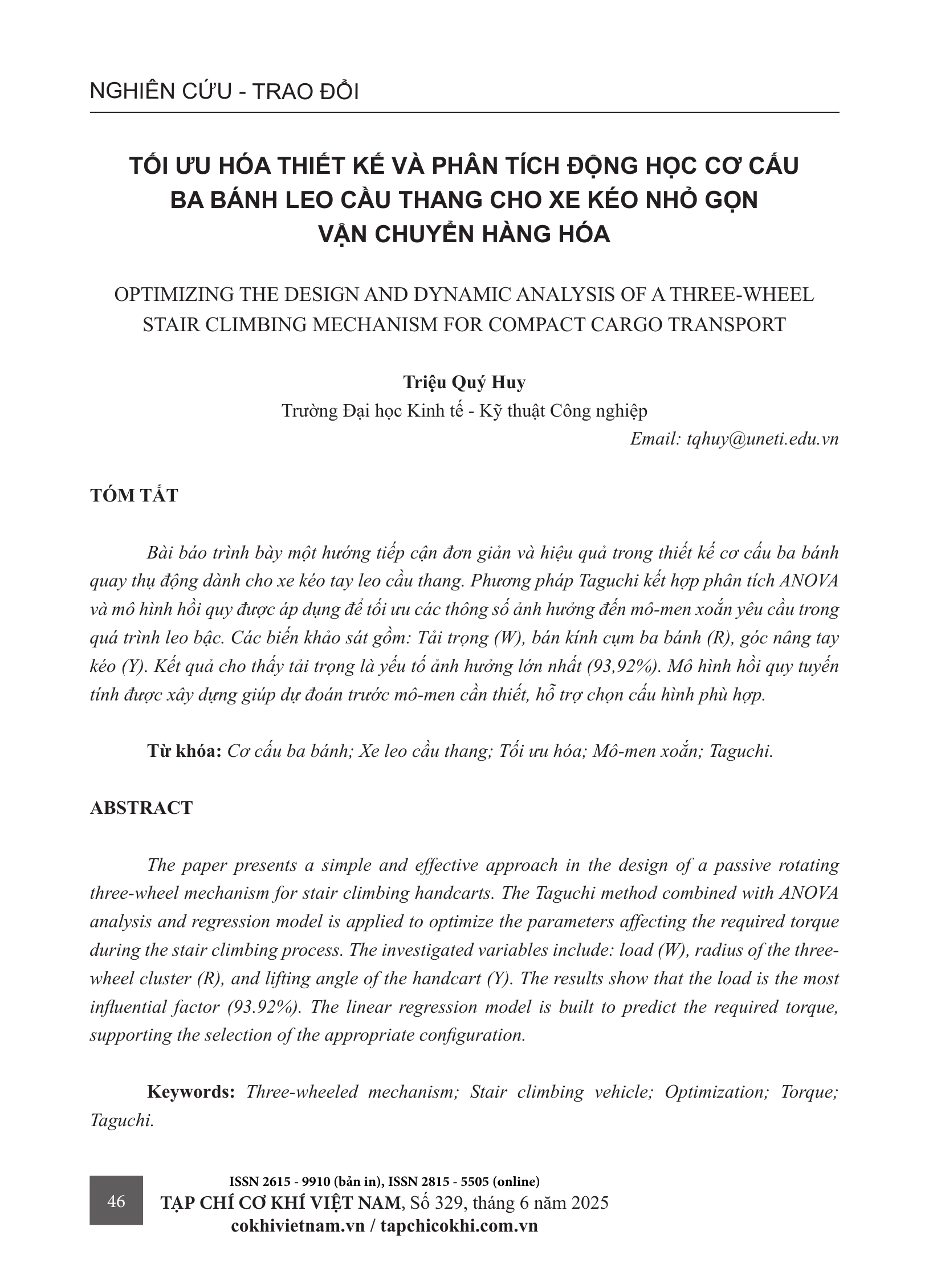 Tối ưu hóa thiết kế và phân tích động học cơ cấu ba bánh leo cầu thang cho xe kéo nhỏ gọn vận chuyển hàng hóa