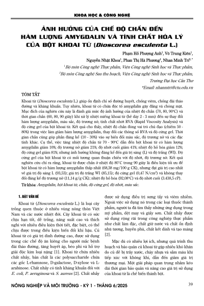 Ảnh hưởng của chế độ chần đến hàm lượng amygdalin và tính chất hóa lý của bột khoai từ (Dioscorea esculenta L.)