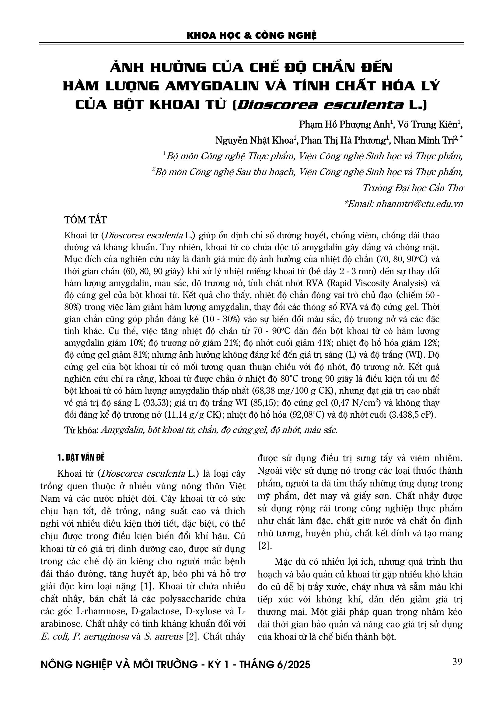 Ảnh hưởng của chế độ chần đến hàm lượng amygdalin và tính chất hóa lý của bột khoai từ (Dioscorea esculenta L.)