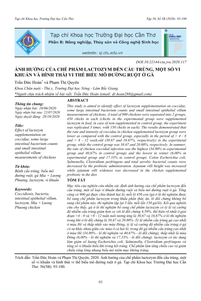 Ảnh hưởng của chế phẩm lactozym đến cầu trùng, một số vi khuẩn và hình thái vi thể biểu mô đường ruột ở gà