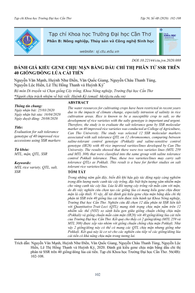 Đánh giá kiểu gene chịu mặn bằng dấu chỉ thị phân tử SSR trên 40 giống/dòng lúa cải tiến