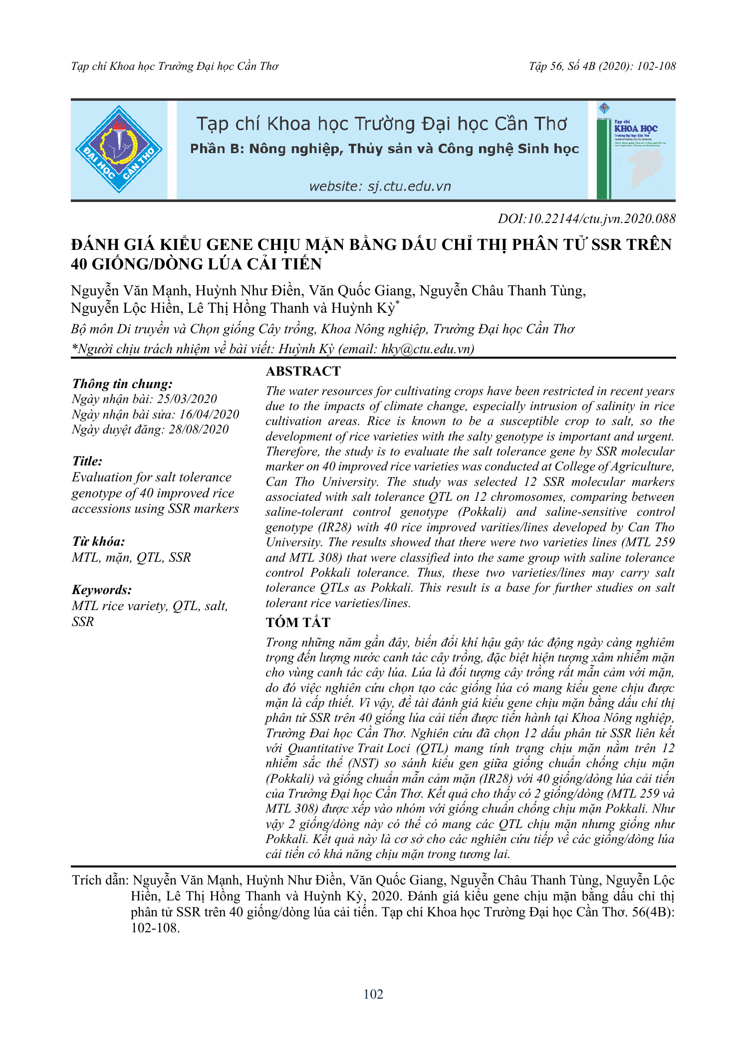 Đánh giá kiểu gene chịu mặn bằng dấu chỉ thị phân tử SSR trên 40 giống/dòng lúa cải tiến