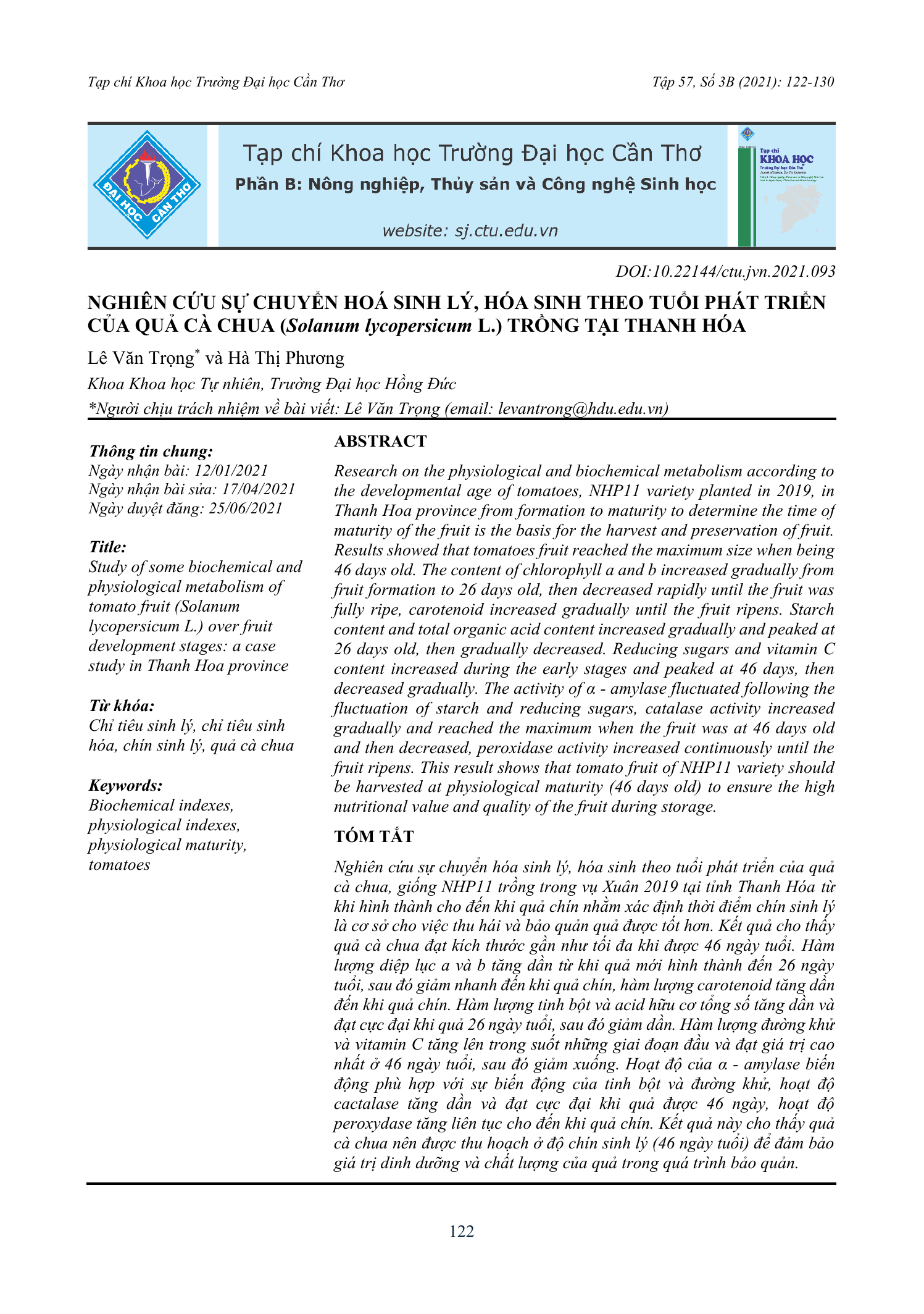 Nghiên cứu sự chuyển hóa sinh lý, hóa sinh theo tuổi phát triển của quả cà chua (Solanum lycopersicum L.) trồng tại Thanh Hóa