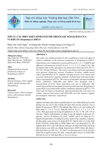 Tối ưu các điều kiện sinh enzyme protease ngoại bào của vi khuẩn Streptomyces DH3.4