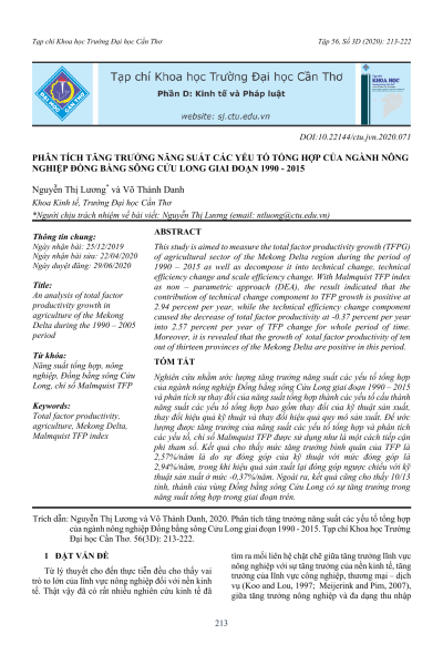 Phân tích tăng trưởng năng suất các yếu tố tổng hợp của ngành nông nghiệp Đồng bằng sông Cửu Long giai đoạn 1990 - 2015