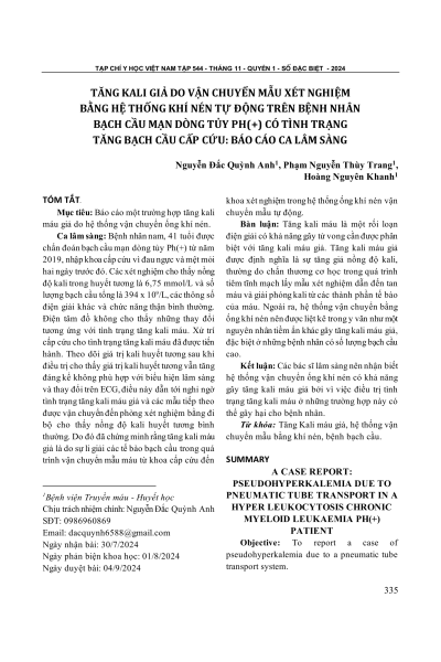 Tăng kali giả do vận chuyển mẫu xét nghiệm bằng hệ thống khí nén tự động trên bệnh nhân bạch cầu mạn dòng tủy Ph(+) có tình trạng tăng bạch cầu cấp cứu: Báo cáo ca lâm sàng