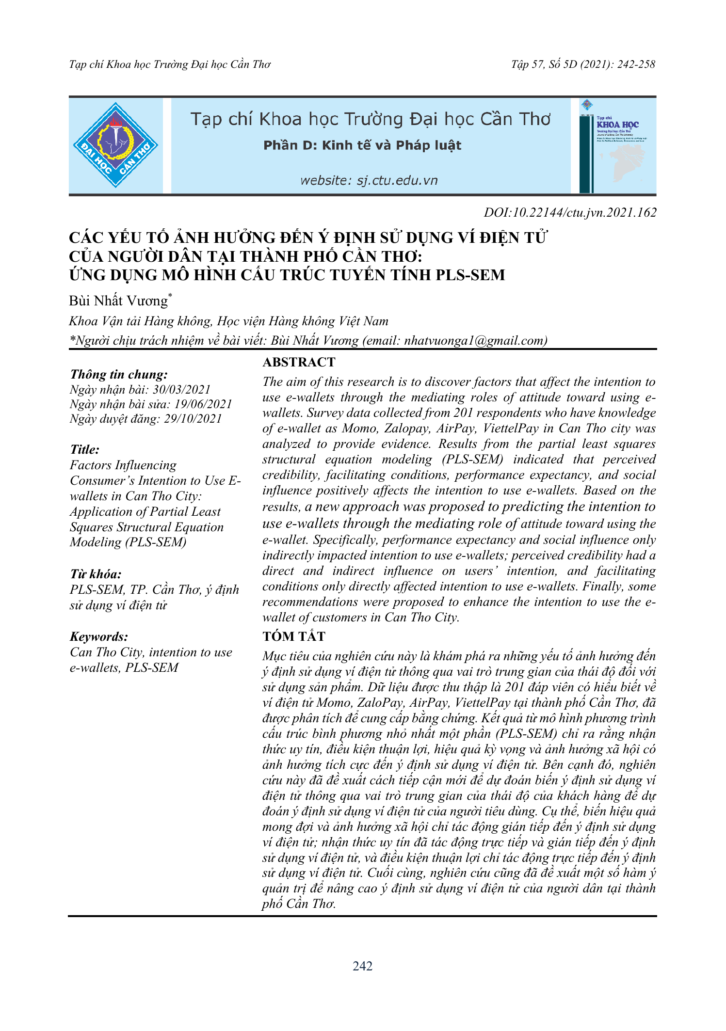 Các yếu tố ảnh hưởng đến ý định sử dụng ví điện tử của người dân tại thành phố Cần Thơ: Ứng dụng mô hình cấu trúc tuyến tính PLS-SEM