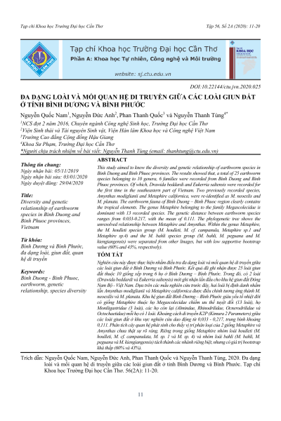 Đa dạng loài và mối quan hệ di truyền giữa các loài giun đất ở tỉnh Bình Dương và Bình Phước