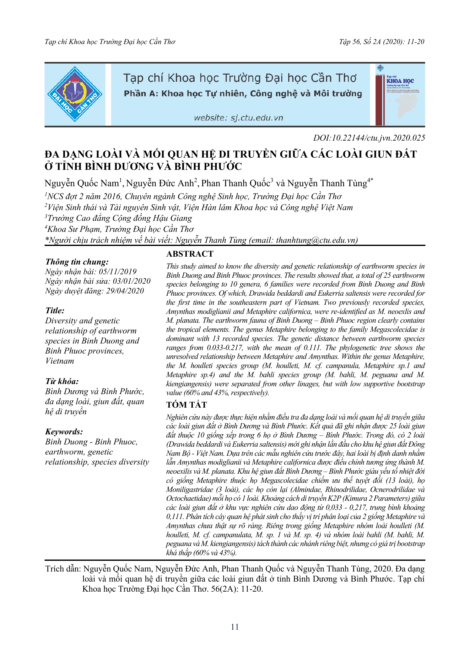 Đa dạng loài và mối quan hệ di truyền giữa các loài giun đất ở tỉnh Bình Dương và Bình Phước