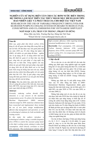 Nghiên cứu sử dụng biến tần cho các bơm nước biển trong hệ thống làm mát trên tàu thủy nhằm mục đích giảm tiêu hao nhiên liệu và phát thải CO₂ cho đội tàu Việt Nam