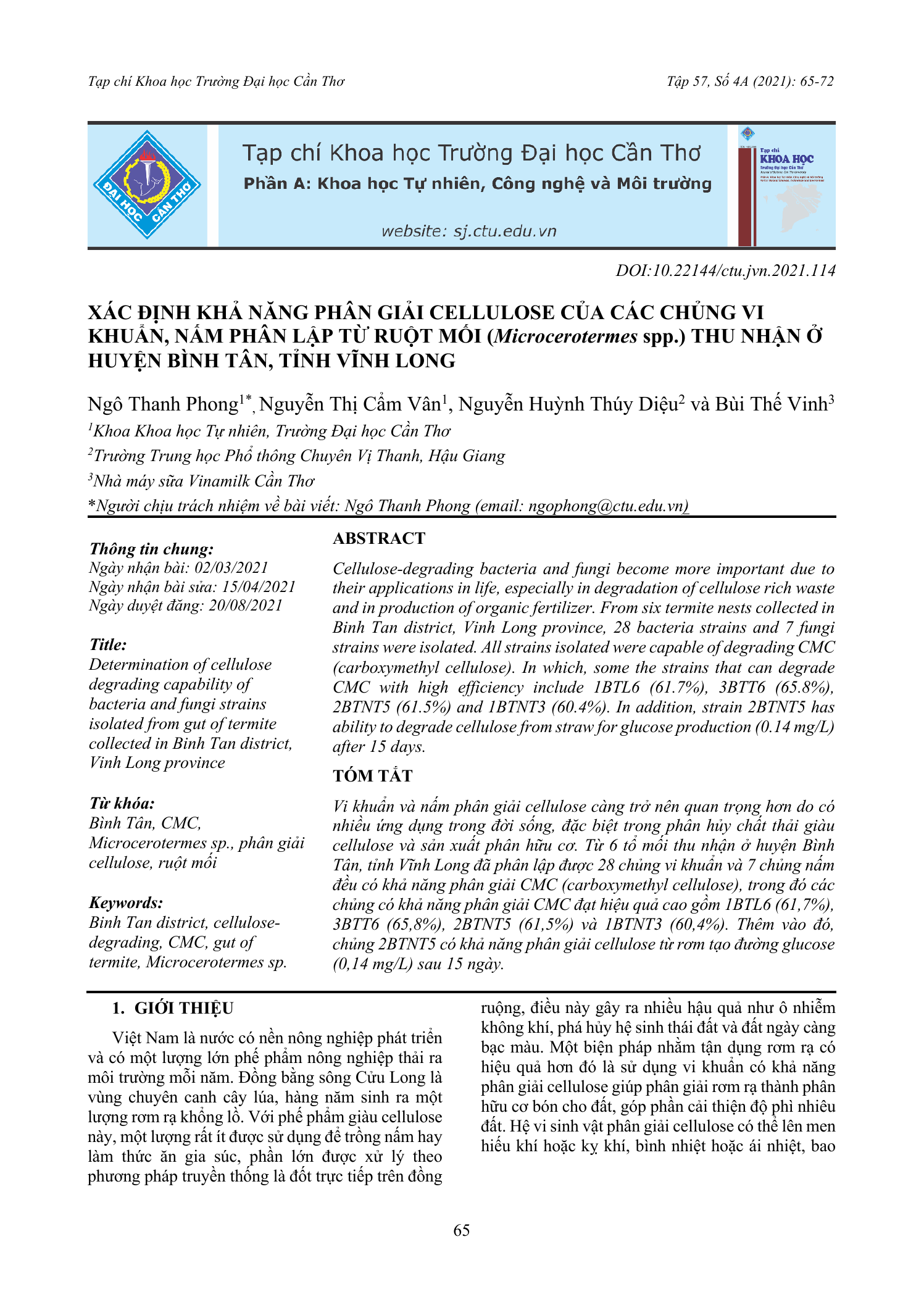 Xác định khả năng phân giải cellulose của các chủng vi khuẩn, nấm phân lập từ ruột mối (Microcerotermes spp.) thu nhận ở huyện Bình Tân, tỉnh Vĩnh Long