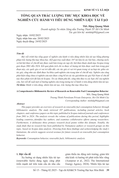 Tổng quan trắc lượng thư mục khoa học về nghiên cứu hành vi tiêu dùng nhiên liệu tái tạo