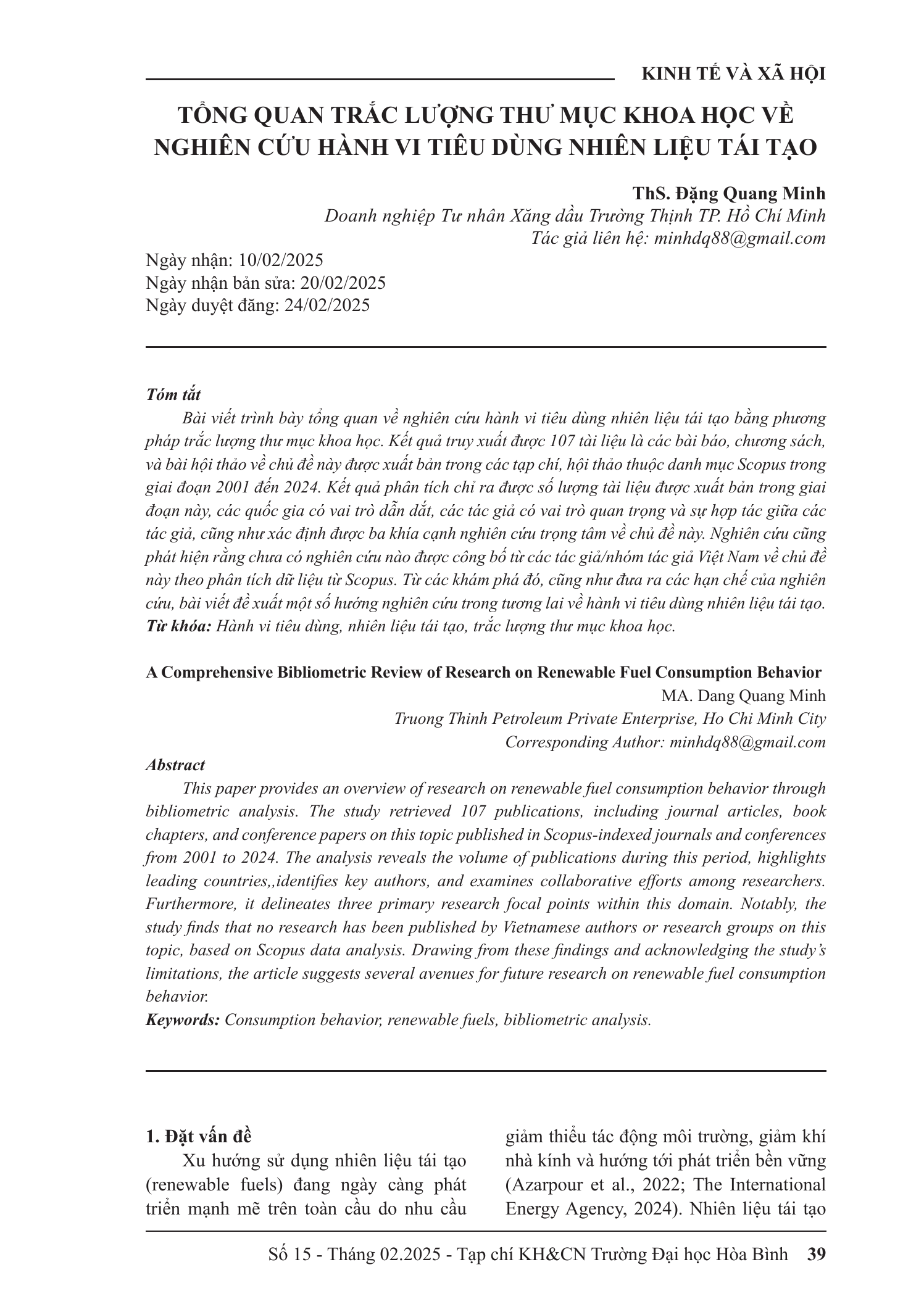 Tổng quan trắc lượng thư mục khoa học về nghiên cứu hành vi tiêu dùng nhiên liệu tái tạo