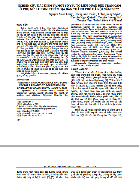 Nghiên cứu đặc điểm và một số yếu tố liên quan đến trầm cảm ở phụ nữ sau sinh trên địa bàn thành phố Hà Nội năm 2022