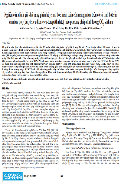 Nghiên cứu đánh giá khả năng phân hủy sinh học hoàn toàn của màng nhựa trên cơ sở tinh bột sắn và nhựa poly(butylene adipate-co-terephthalate) theo phương pháp định lượng CO2  sinh ra