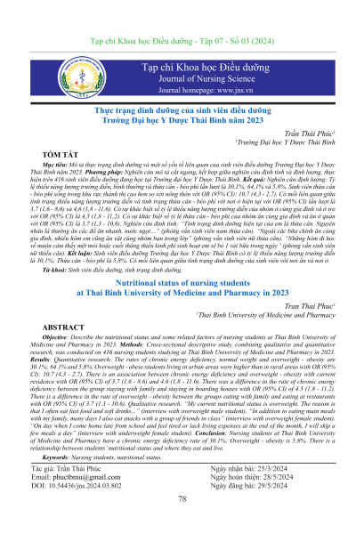 Thực trạng dinh dưỡng của sinh viên điều dưỡng Trường Đại học Y Dược Thái Bình năm 2023