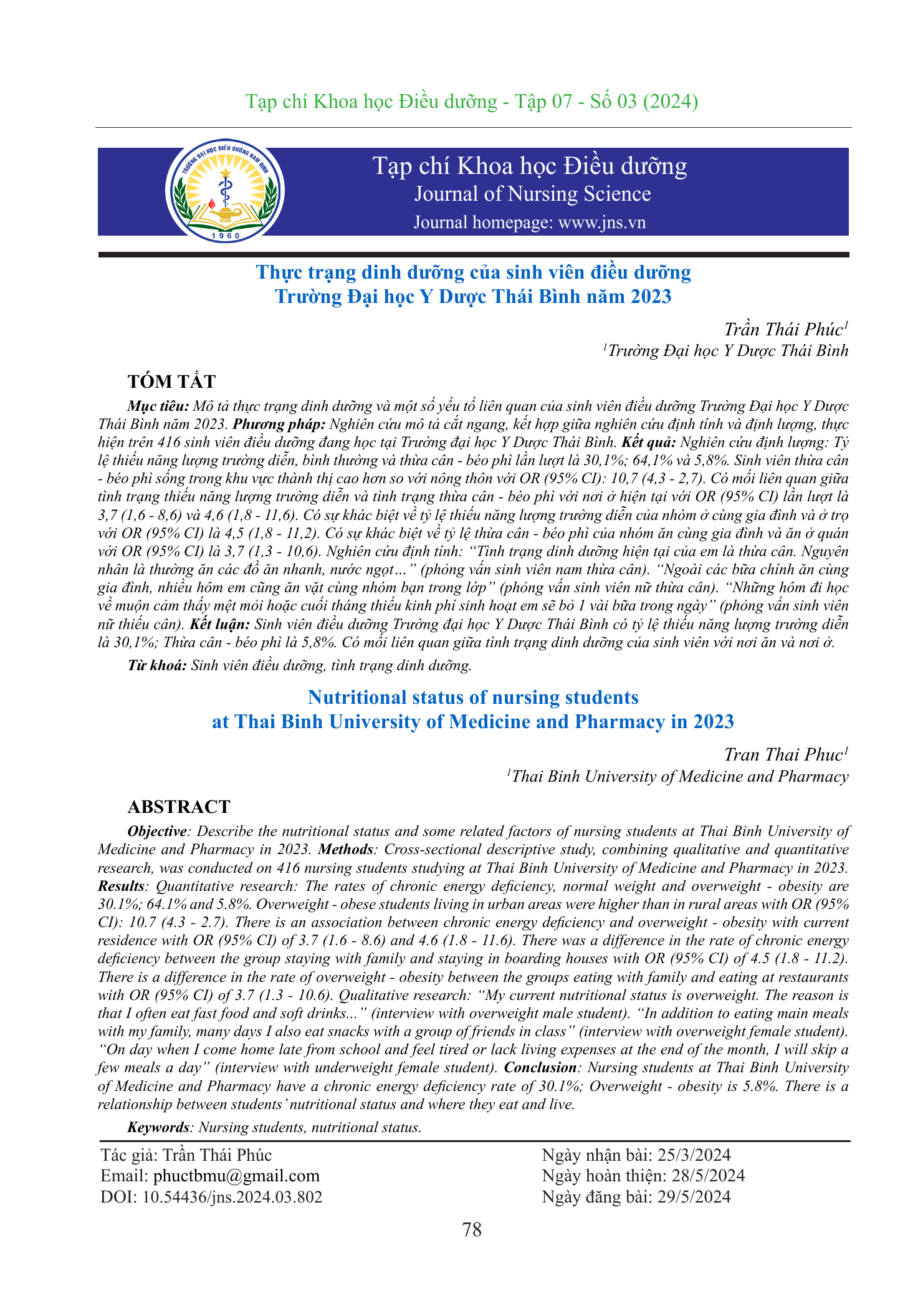 Thực trạng dinh dưỡng của sinh viên điều dưỡng Trường Đại học Y Dược Thái Bình năm 2023