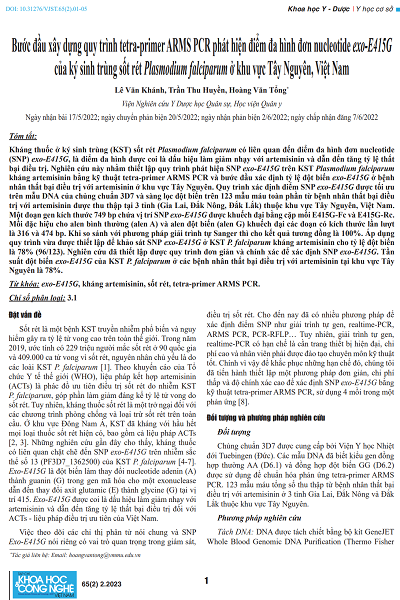 Bước đầu xây dựng quy trình tetra-primer ARMS PCR phát hiện điểm đa hình đơn nucleotide exo-E415G của ký sinh trùng sốt rét Plasmodium falciparum ở khu vực Tây Nguyên, Việt Nam