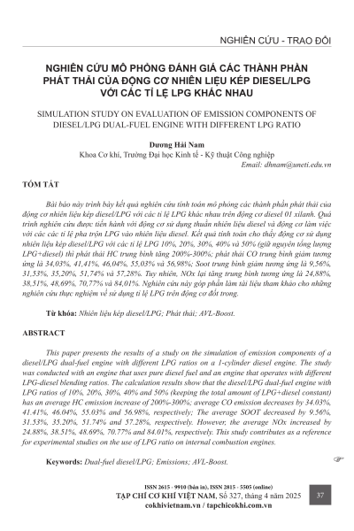 Nghiên cứu mô phỏng đánh giá các thành phần phát thải của động cơ nhiên liệu kép Diesel/LPG với các tỉ lệ LPG khác nhau