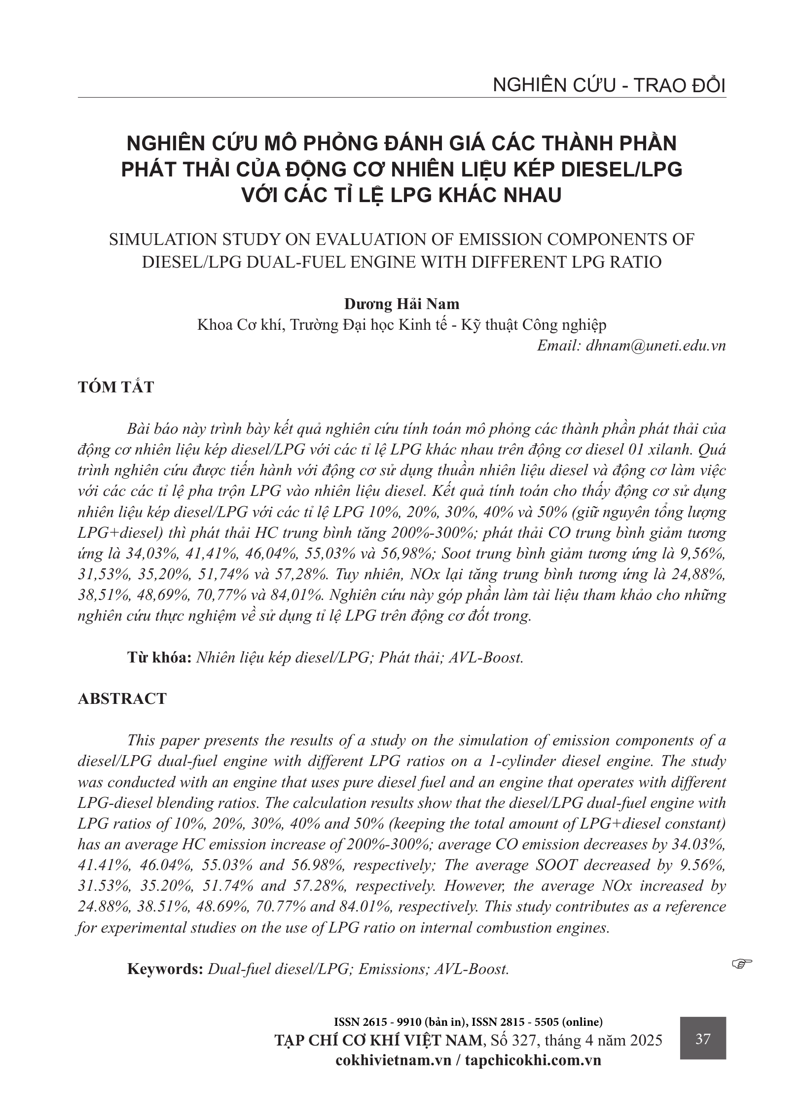 Nghiên cứu mô phỏng đánh giá các thành phần phát thải của động cơ nhiên liệu kép Diesel/LPG với các tỉ lệ LPG khác nhau